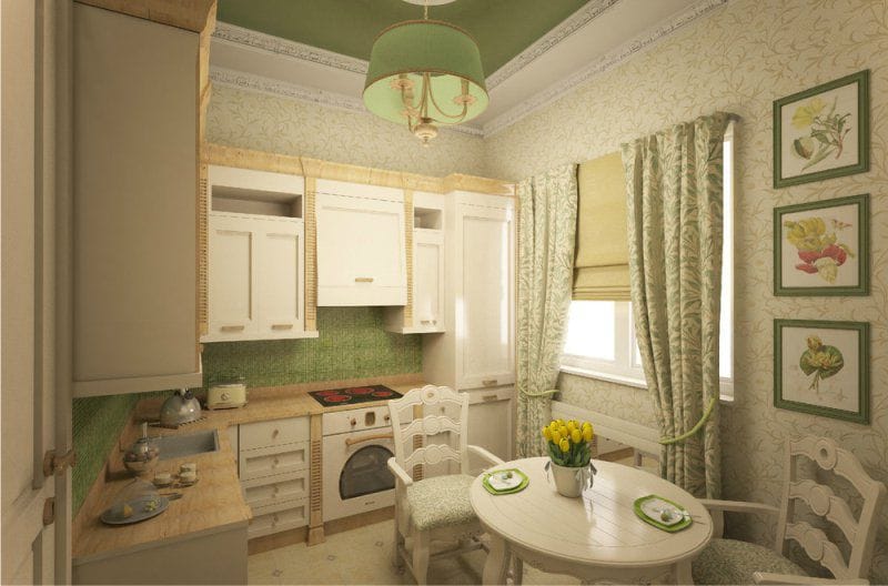 Light green wallpaper in the interior of the kitchen