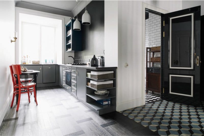 Dark gray kitchen with red accents