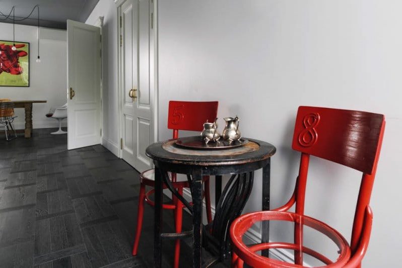 Dark gray kitchen with red accents