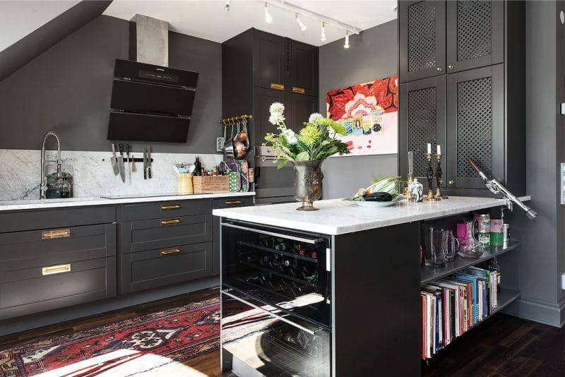 Dark gray kitchen with red accents