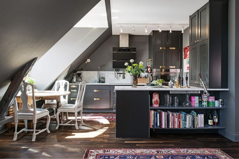 Dark gray kitchen with red accents