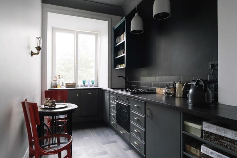 Dark gray kitchen with red accents