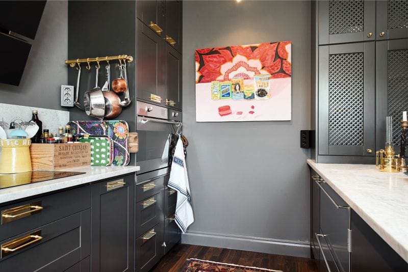 Dark gray kitchen with red accents