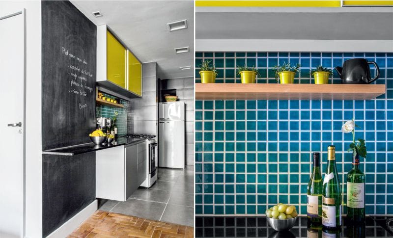 Dark gray and yellow color in the interior of the kitchen