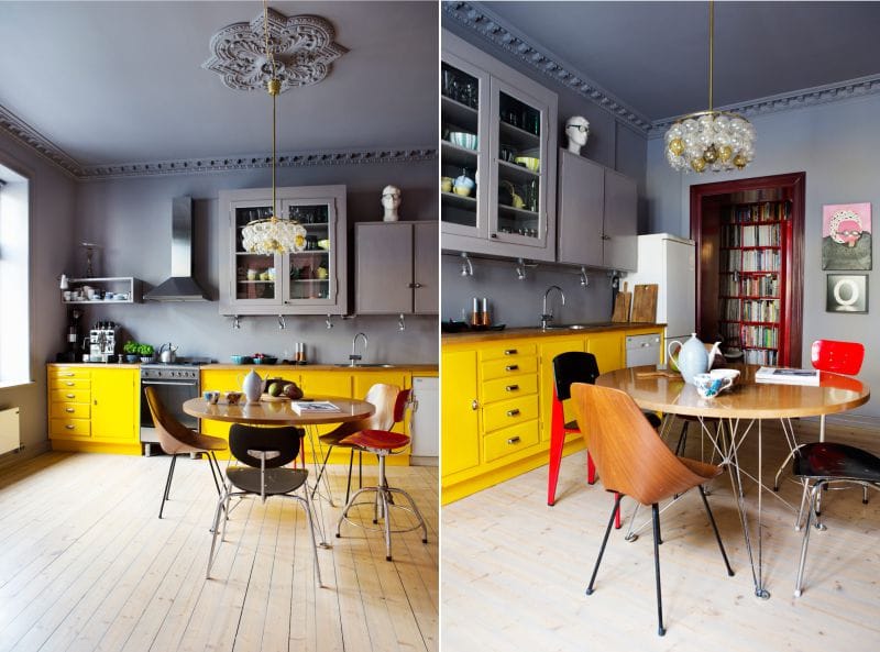 Dark gray and yellow color in the interior of the kitchen