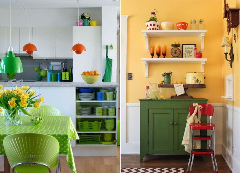 Green kitchen with orange accents