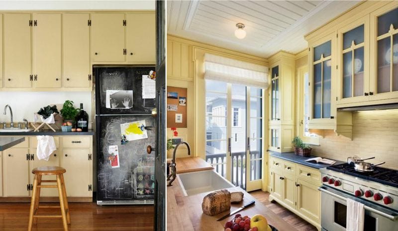 Yellow kitchen with white trim and wood