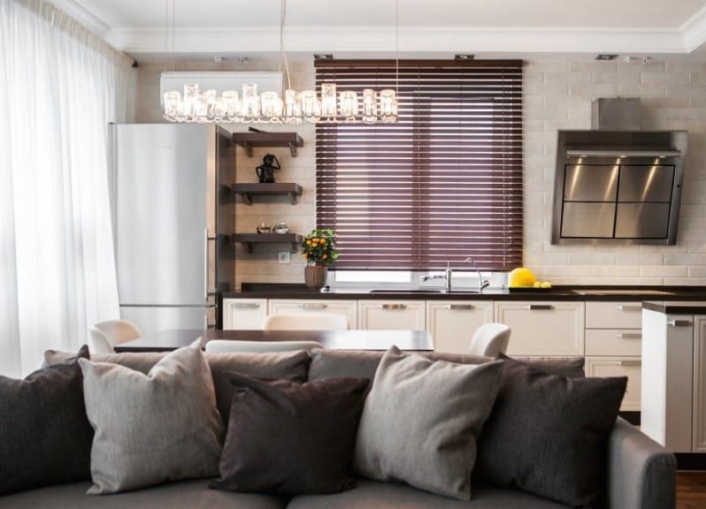 Wooden blinds in the interior of the kitchen