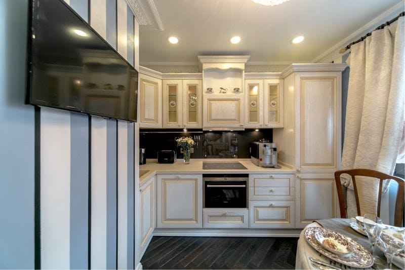 Blue and beige color in the interior of the kitchen