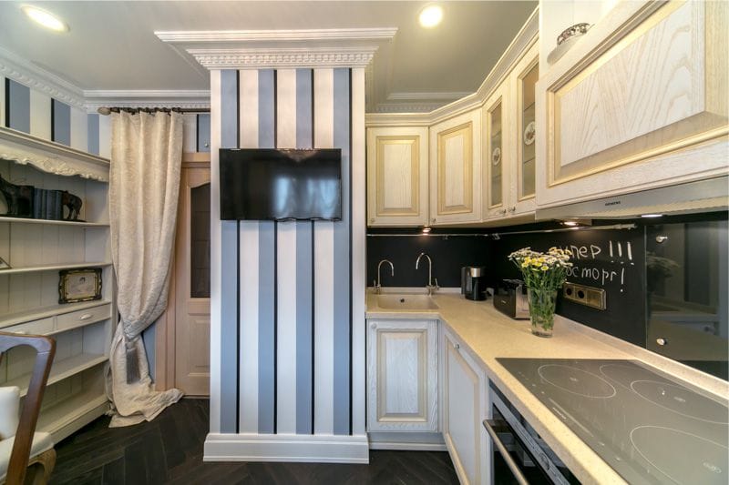 Blue and beige color in the interior of the kitchen