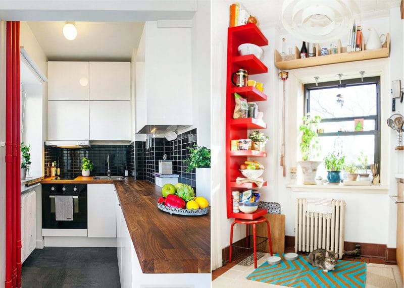 Red accents in the interior of a small kitchen