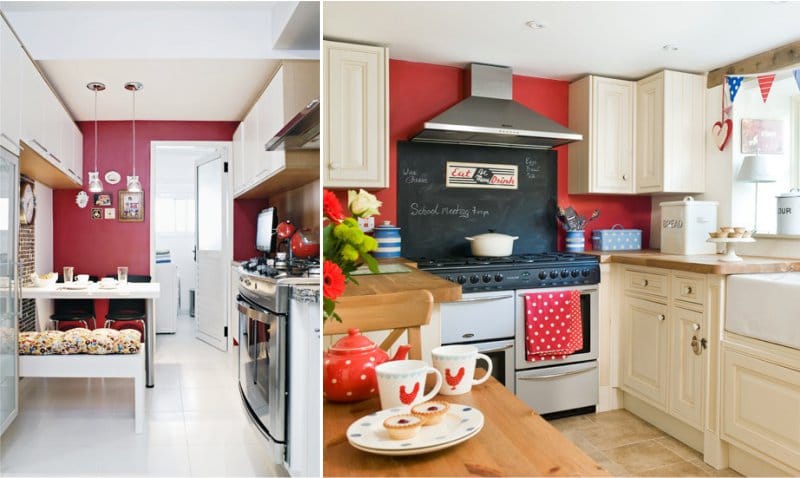 Red walls in the interior of the kitchen