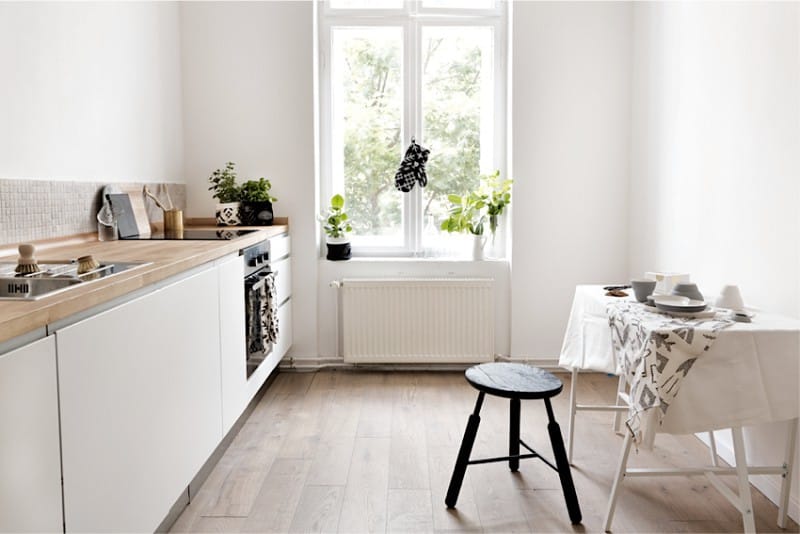 Kitchen without wall cabinets in the interior