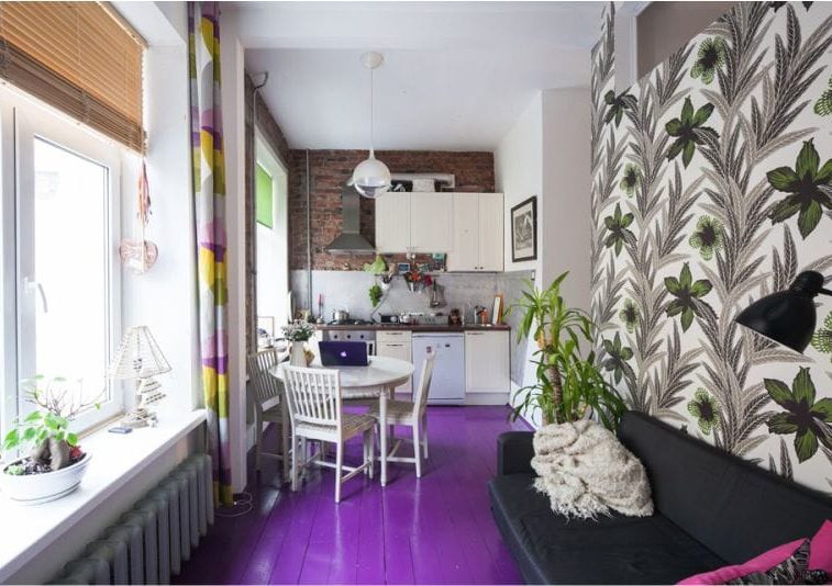 Blinds in the interior of a modern kitchen-living room