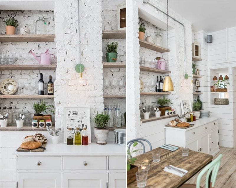 Open shelves in the cafe-style kitchen