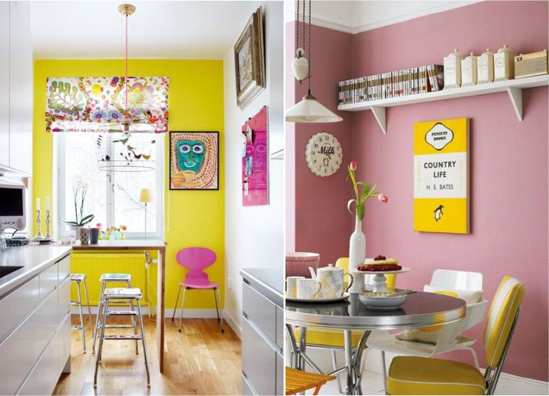 The combination of pink and yellow in the interior of the kitchen