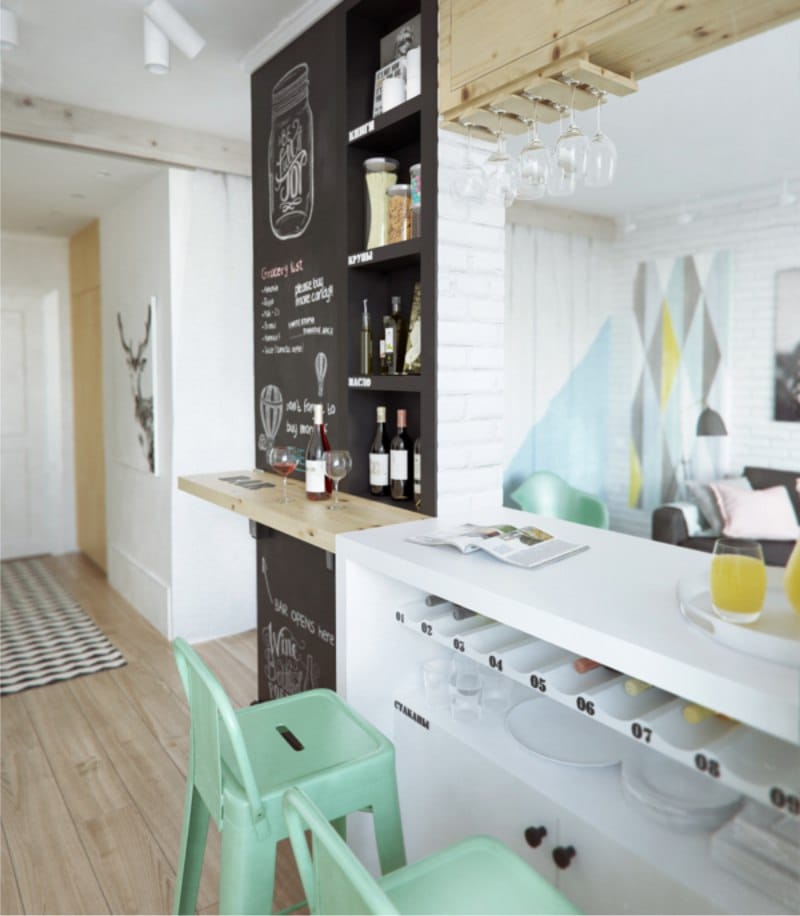 Bar counter in the niche of the partition in the kitchen in the style of a cafe