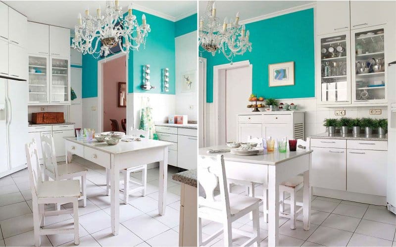 Cuisine blanche avec mur d'accent bleu