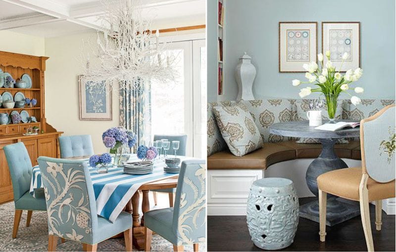 Wood texture and blue color in the dining room interior