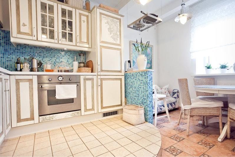 Apron of blue color in an interior of kitchen