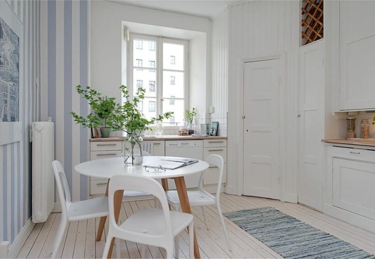 Blue wallpaper in the interior of the kitchen