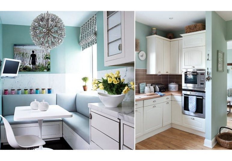 Blue walls in the interior of the kitchen