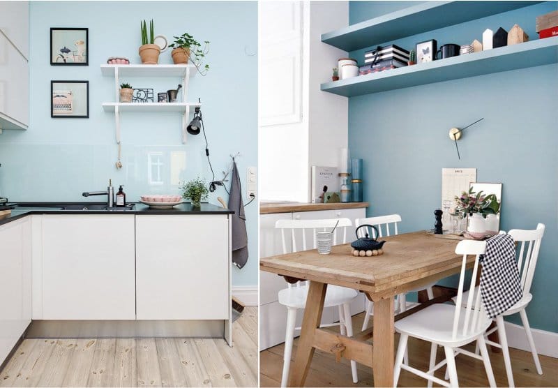 Blue walls in the interior of the kitchen