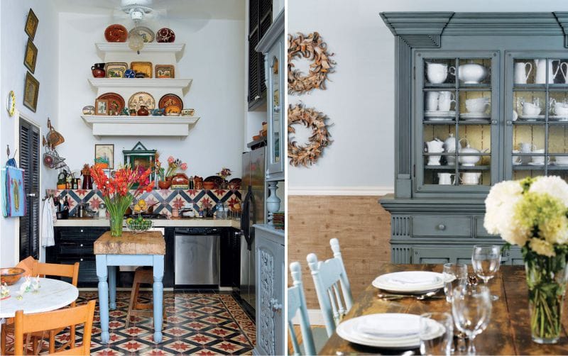 The interior of the blue-brown kitchen and dining in the Mediterranean style