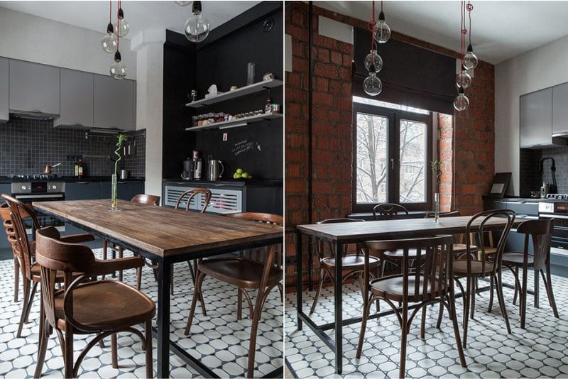 Brick wall in the interior of a loft style kitchen