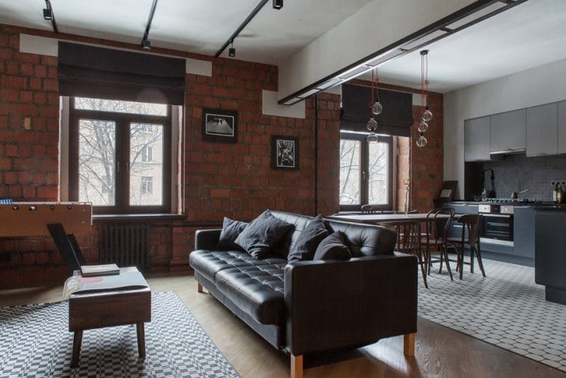 Brick wall in the interior of a loft style kitchen