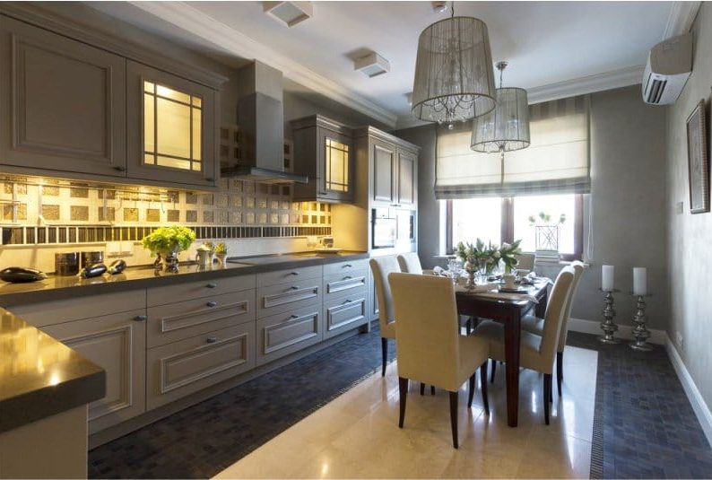 Classic roman curtains in the kitchen interior