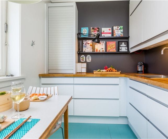 Brown and blue color in the interior of the kitchen