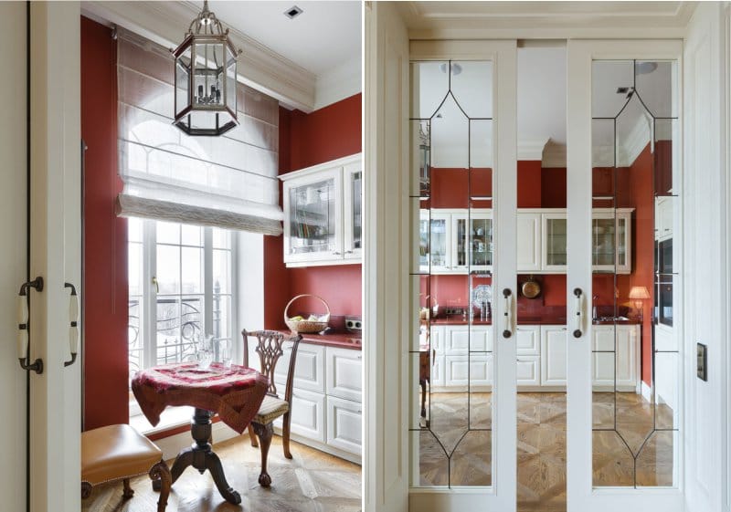 Red walls in the interior of the kitchen in the English style