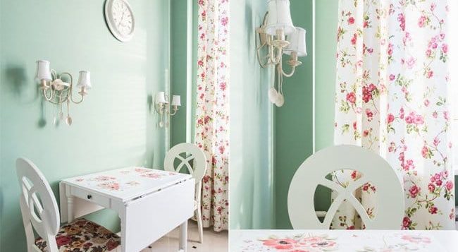 English-style kitchen with curtains in rose