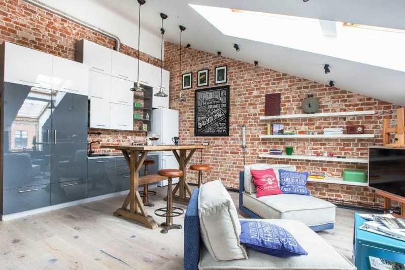 Loft-style kitchen in the attic