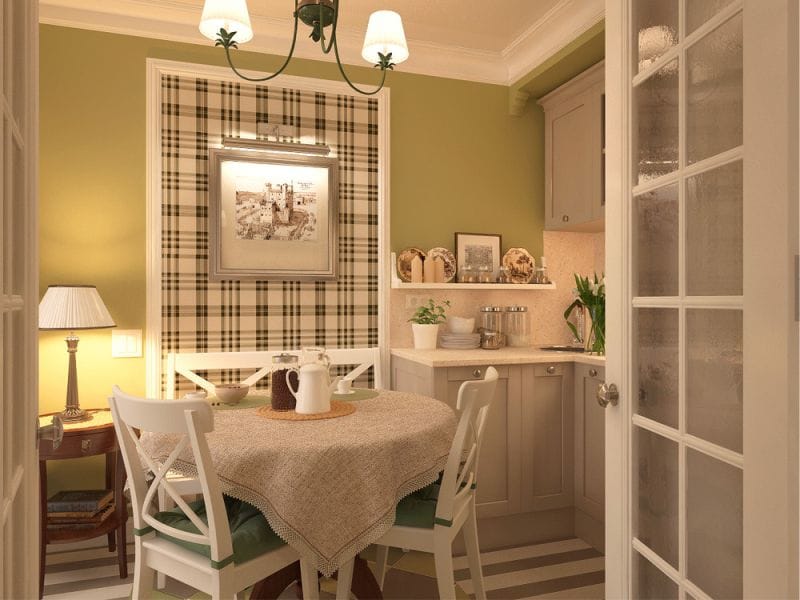 Checkered wallpaper in the English-style kitchen