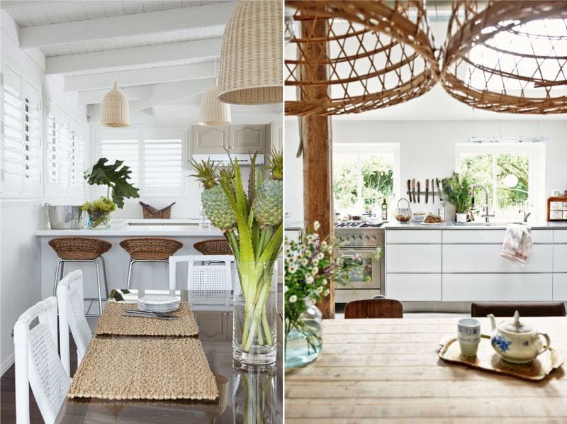 Wicker lamps in the interior of the kitchen