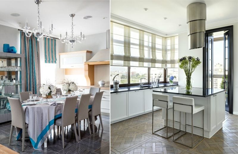 Roman striped curtains in the kitchen interior