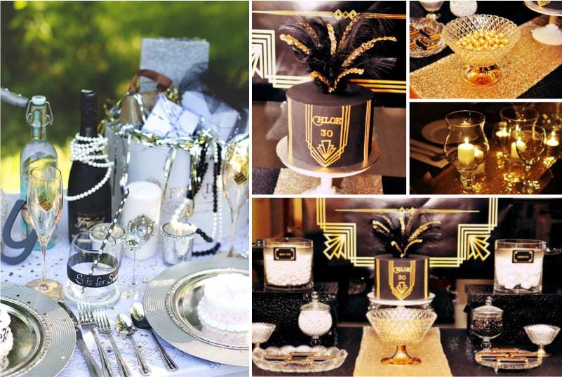 Table setting and candy bar in the style of the Great Gatsby movie