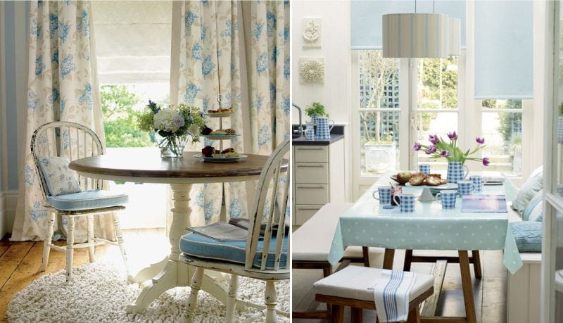 The combination of beige and blue in the interior of the kitchen and dining room