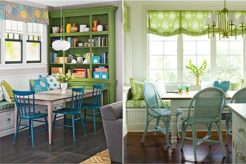 The combination of blue and green in the interior of the kitchen