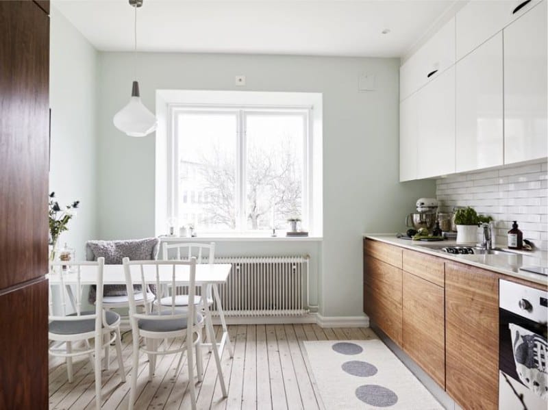 Light blue walls in the interior of the kitchen