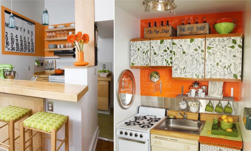 Fragment of the orange wall in the interior of a small kitchen