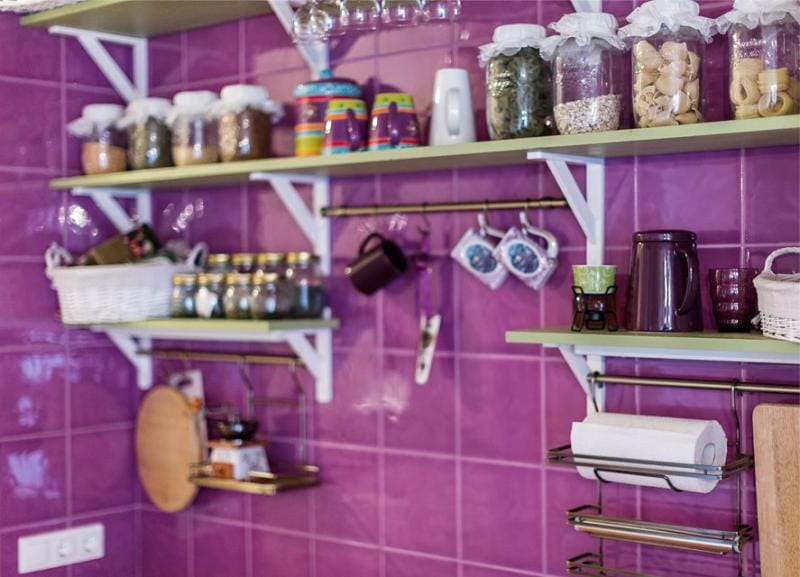 Provence style kitchen interior with purple accents