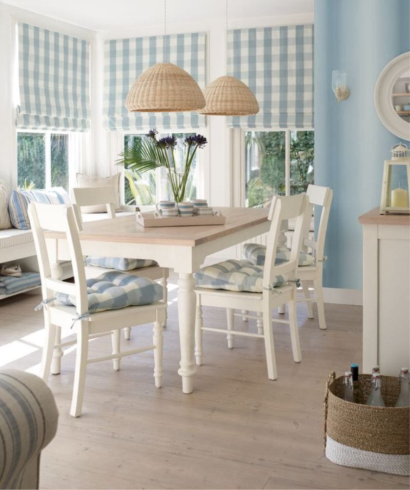 The floor in the interior of the dining room in a nautical style.