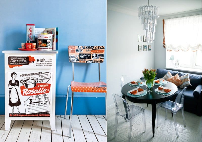 De combinatie van blauw en oranje in het interieur van de keuken