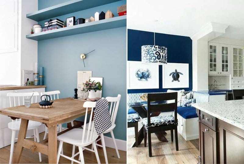 Accent wall in blue color in kitchen interior