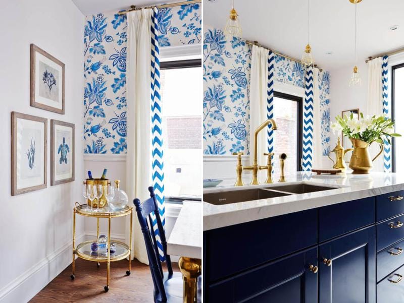 White and blue kitchen with gold details