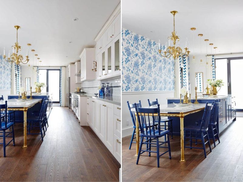 White and blue kitchen with gold details