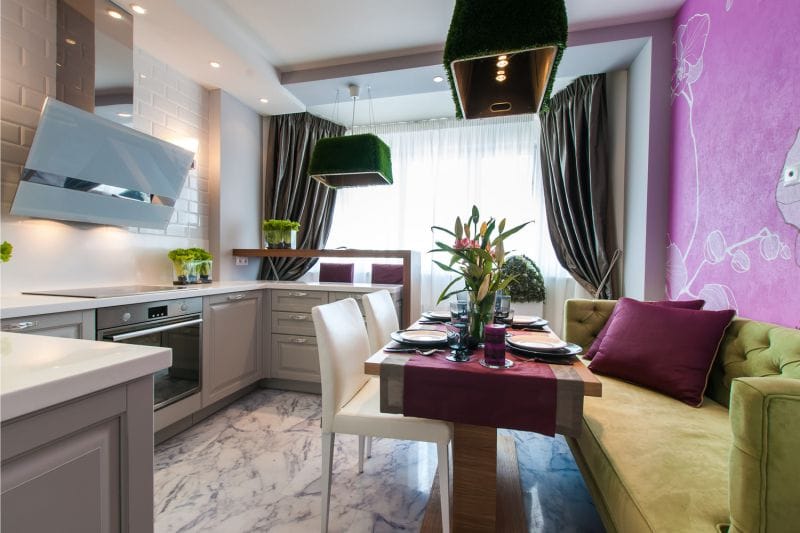 Beige, lilac and green colors in the interior of the kitchen